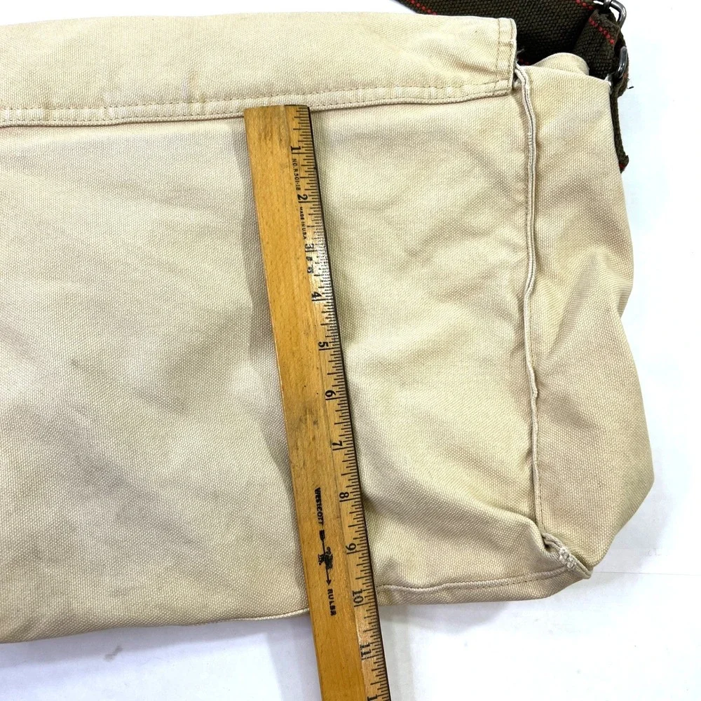 Old Navy Beige Canvas Messenger Bag Camo Lining Leather Tabs Distressed Adjustbl